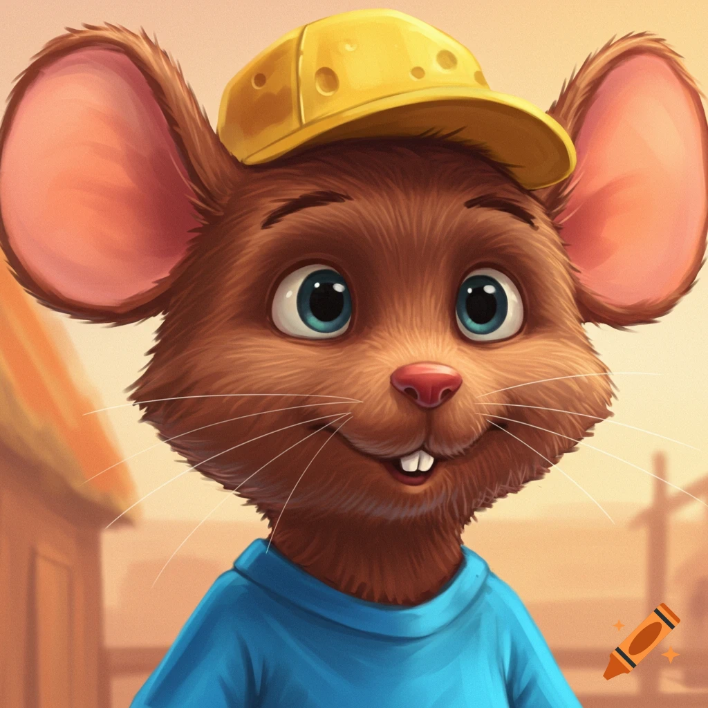 A cartoon mouse wearing a yellow cap and blue shirt.