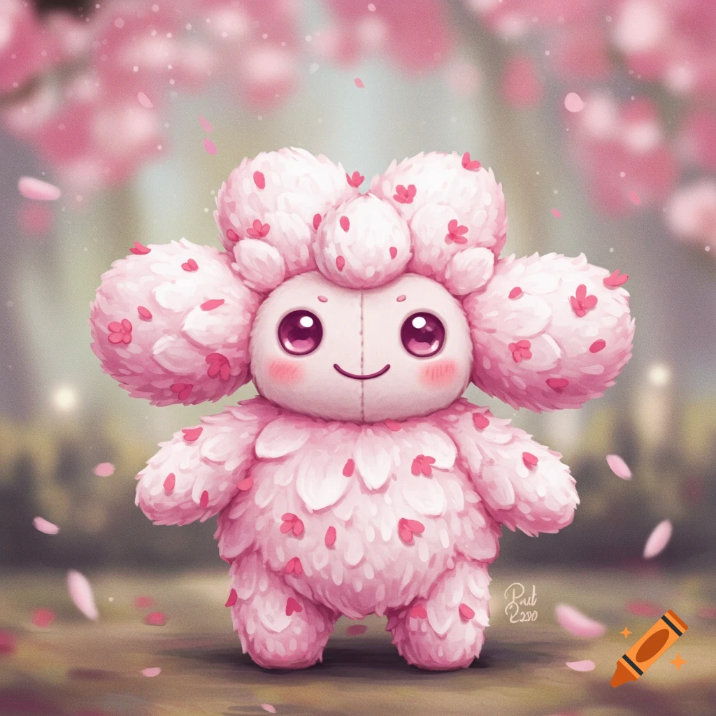 Cute pink flower-like plush toy among falling cherry blossom petals.