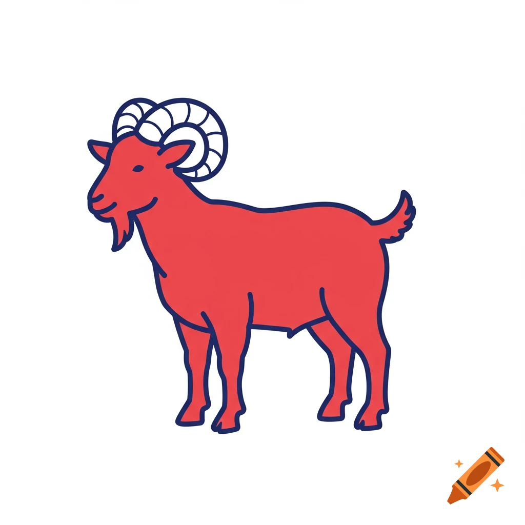 A simple red outline illustration of a goat with navy blue horns and hooves.