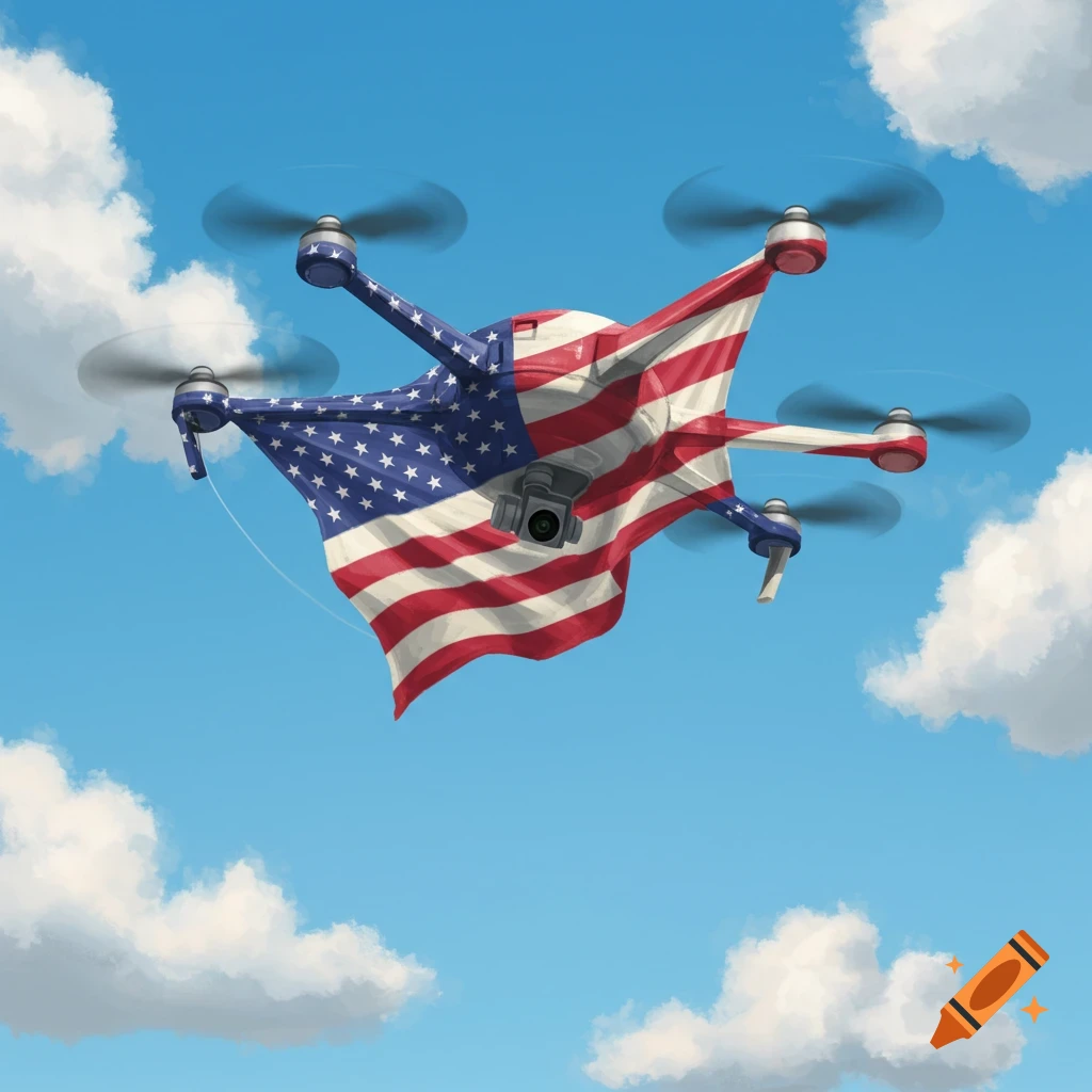 Drone wrapped in an American flag flying in a cloudy blue sky, digital illustration.