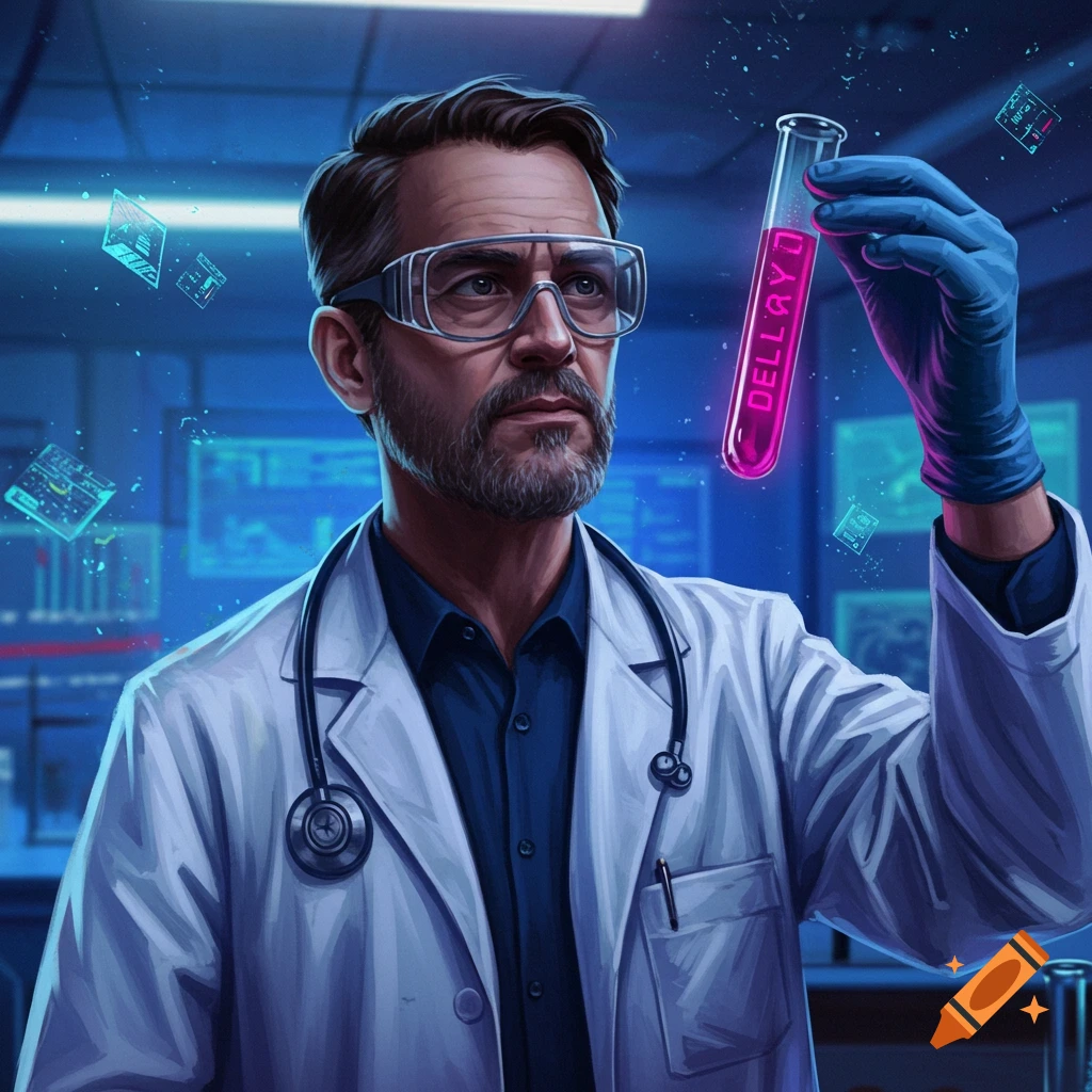 A scientist in a lab coat and goggles holds a test tube with pink liquid, looking intently at it.