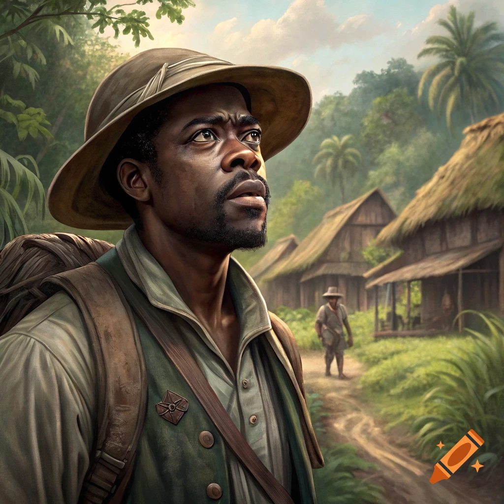 Man with hat and backpack looks up in jungle village, digital illustration.