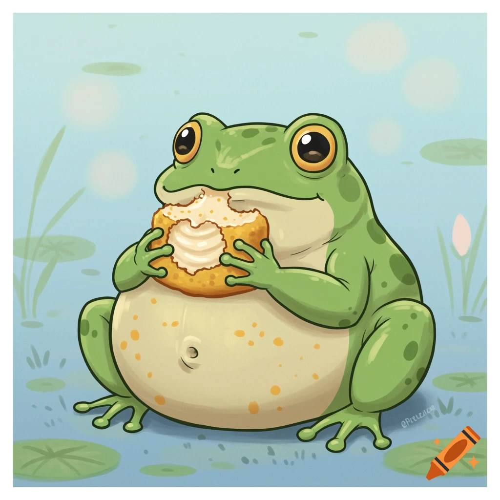 Cartoon frog sits in a pond eating a cream-filled snack.