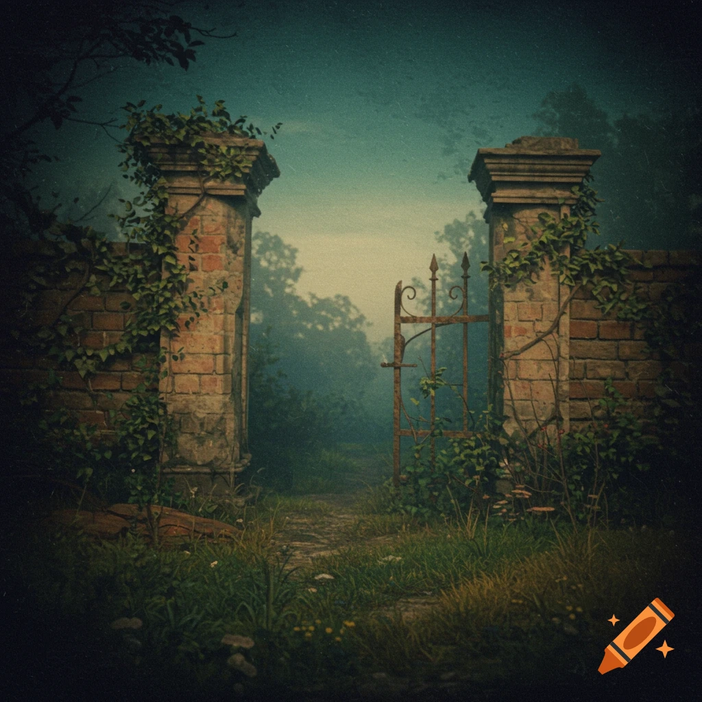 Vintage image of an overgrown rusty gate between brick pillars leading into a misty path.