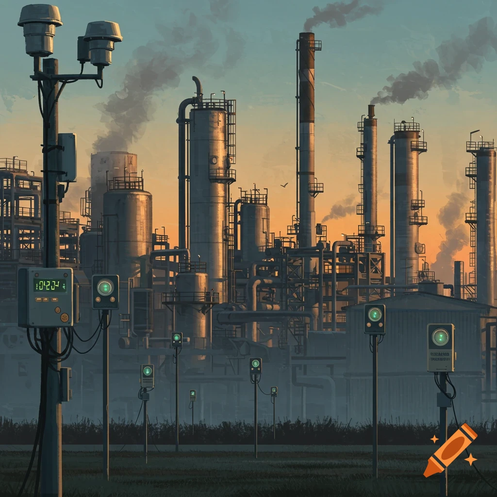 Industrial chemical plant at sunset with monitoring equipment in the foreground.