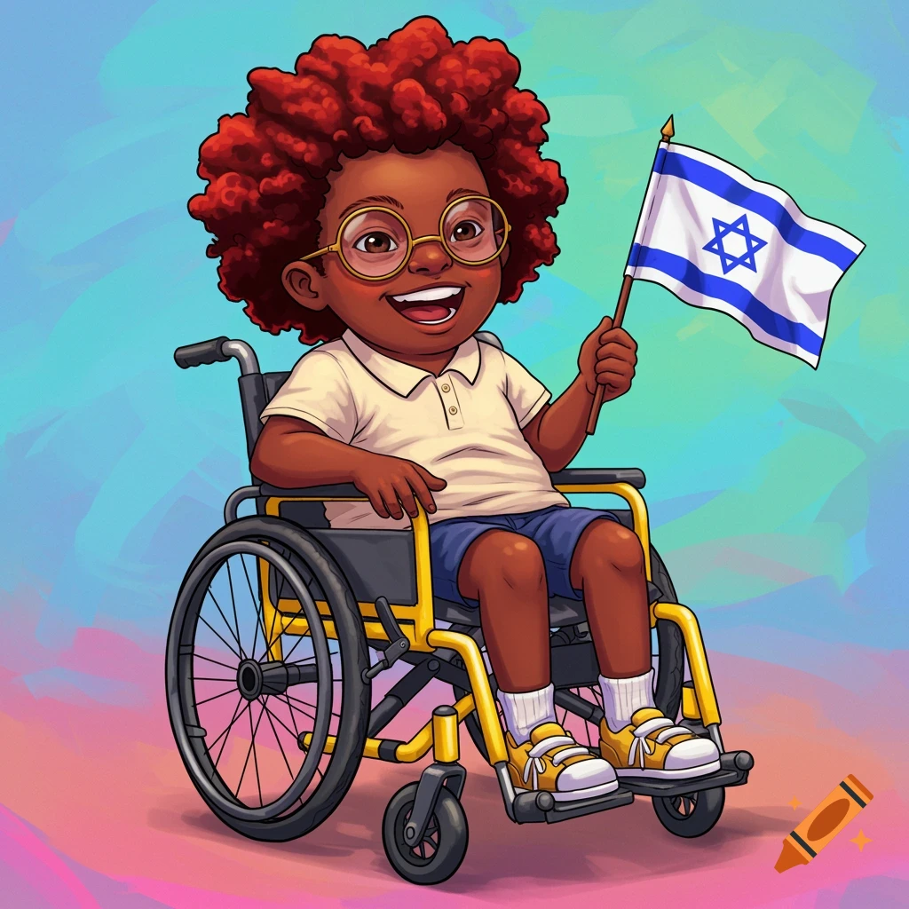 Cartoon child in wheelchair holding Israeli flag