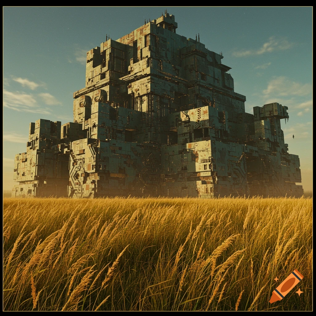 A large, derelict alien structure sits in a field of tall golden grass under a cloudy sky.