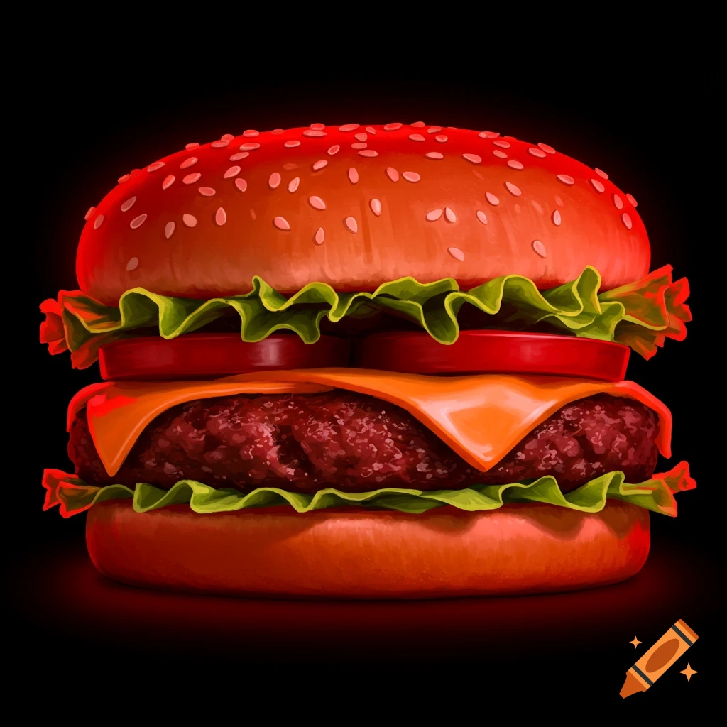 Illustration of a burger with cheese, lettuce, and tomato on a black background, highlighted by strong red lighting.