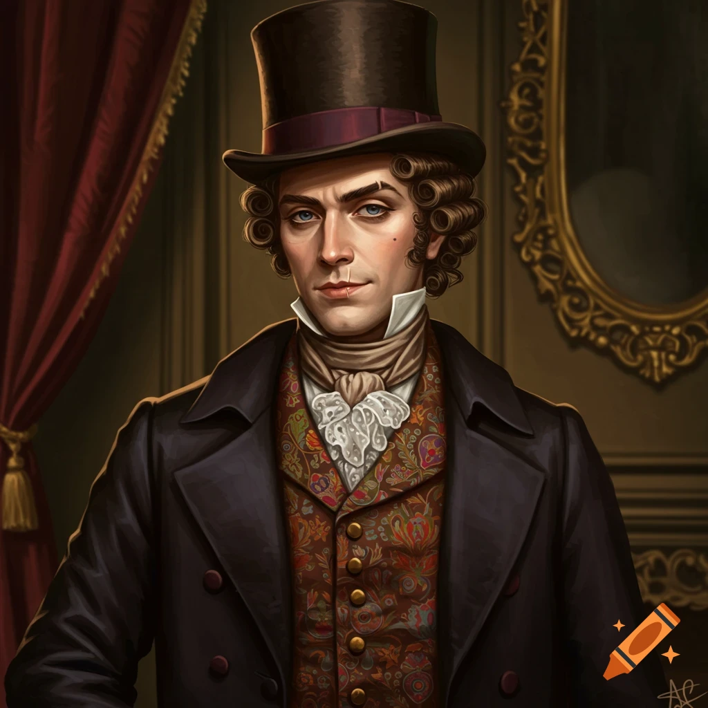Painting of a man in a top hat, ornate vest, and coat.