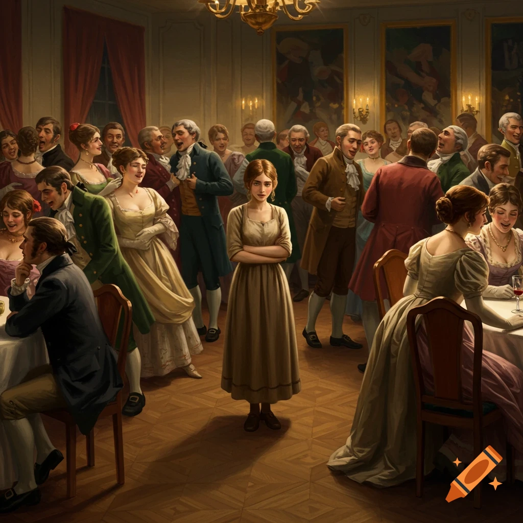 A woman stands alone in the center of a crowded historical social gathering.