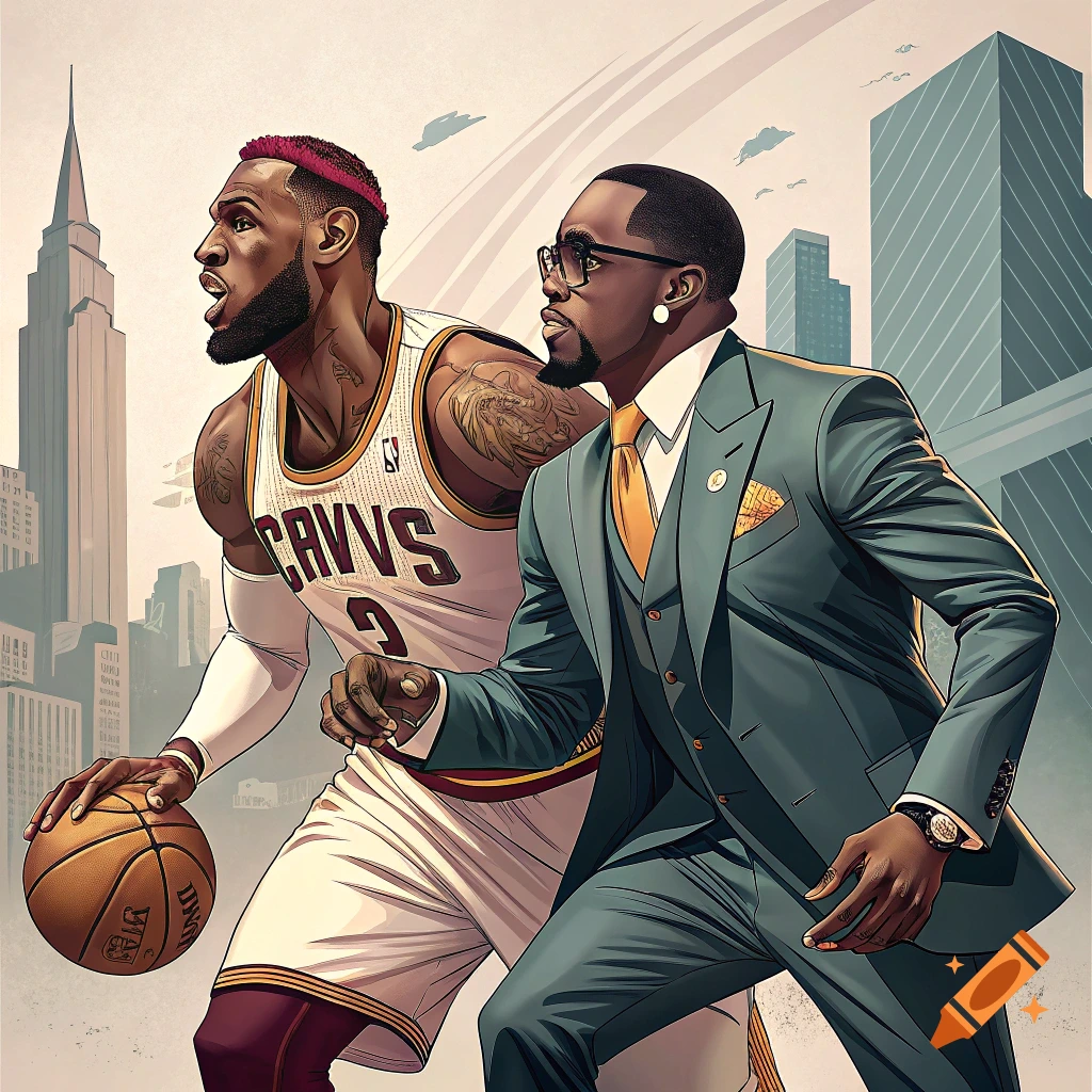 Stylized illustration of LeBron James in a Cavs uniform with a basketball and Diddy in a suit walking in a city.