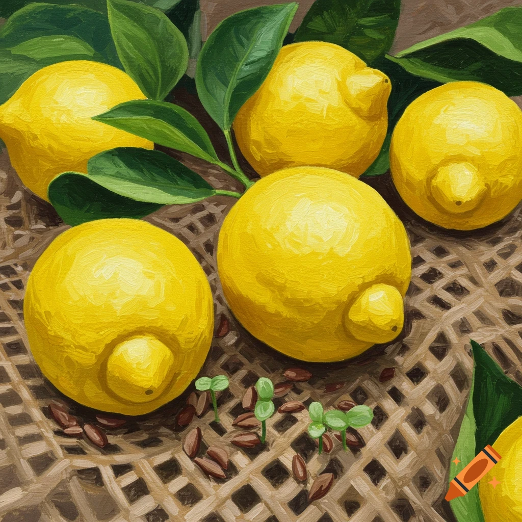 Painting of lemons, green leaves, and seedlings on a woven surface