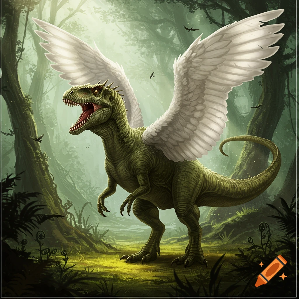 A green dinosaur with large white wings stands in a lush fantasy forest.