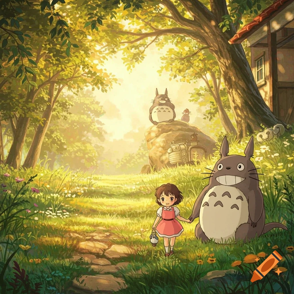 A young girl holds hands with Totoro on a path in a sunny forest clearing, in Ghibli style.