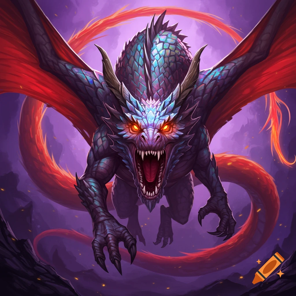 Illustration of a purple and blue fantasy dragon flying towards the viewer with red wings and tail