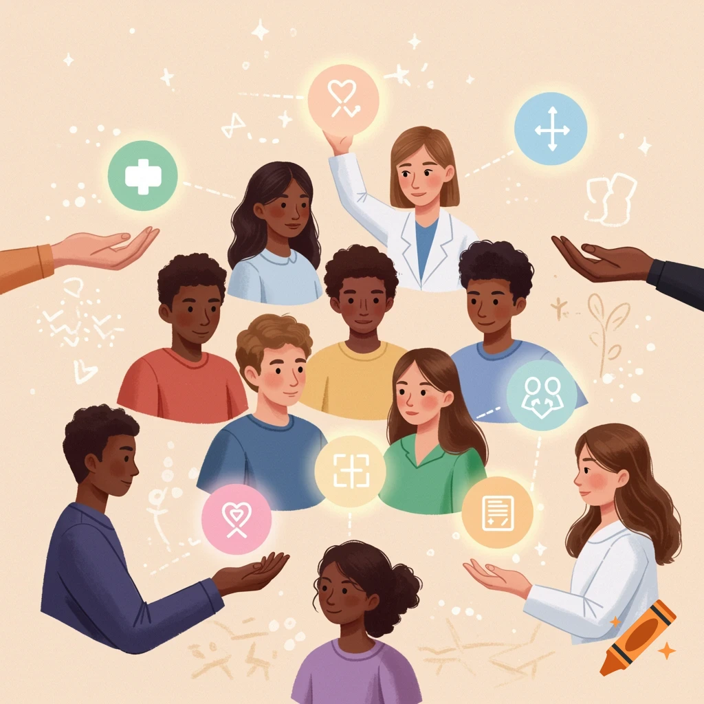 Illustration of diverse students and adults surrounded by icons representing mental health resources and support.
