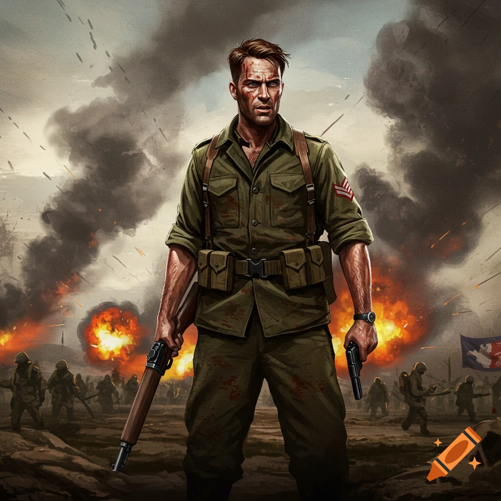 Illustration of a soldier standing in a smoky, fiery battle holding a rifle and pistol.