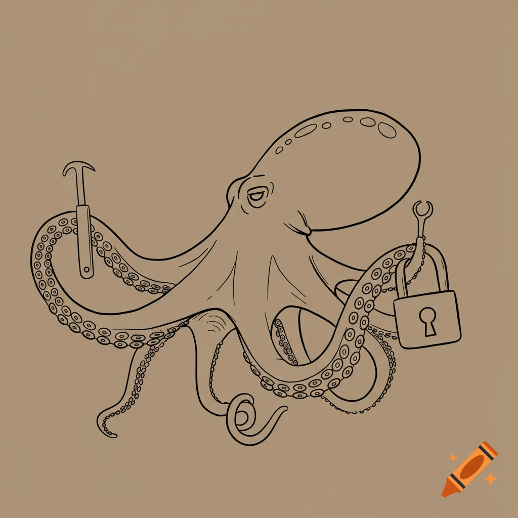 Line art illustration of an octopus holding a lock and a hammer