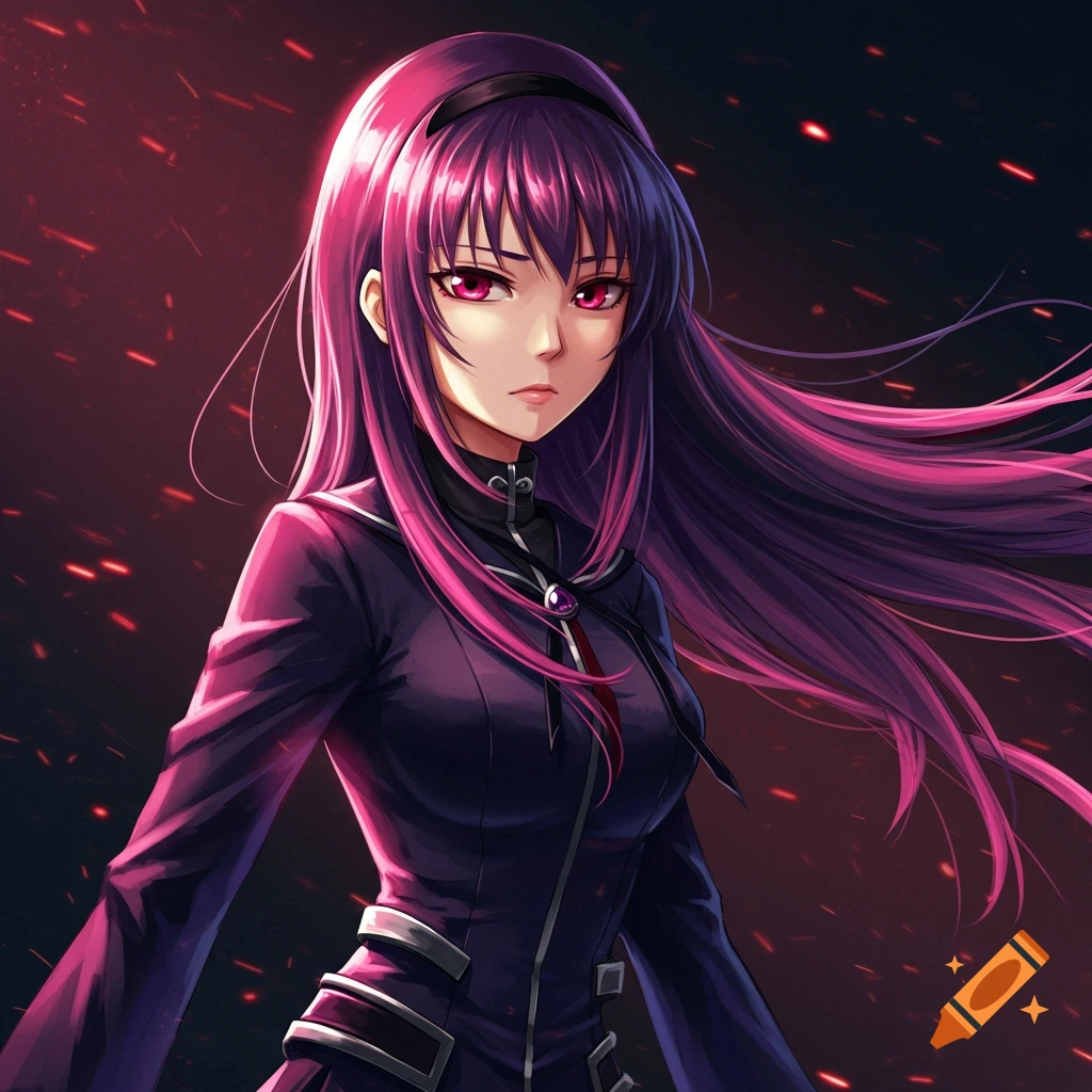 An anime girl with long purple hair and red eyes wears a dark uniform against a red-tinged dark background with scattered sparks.