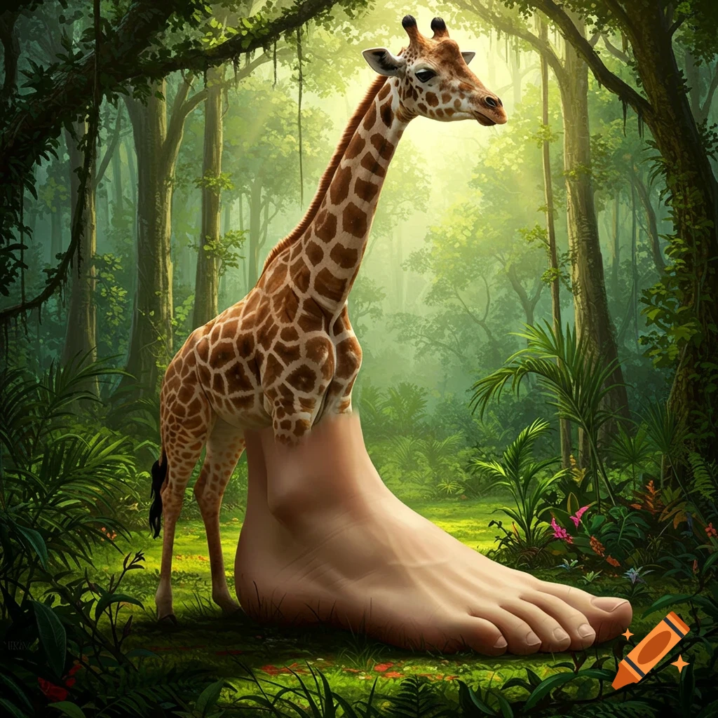A surreal image of a giraffe whose lower body is a giant human foot, standing in a lush jungle.