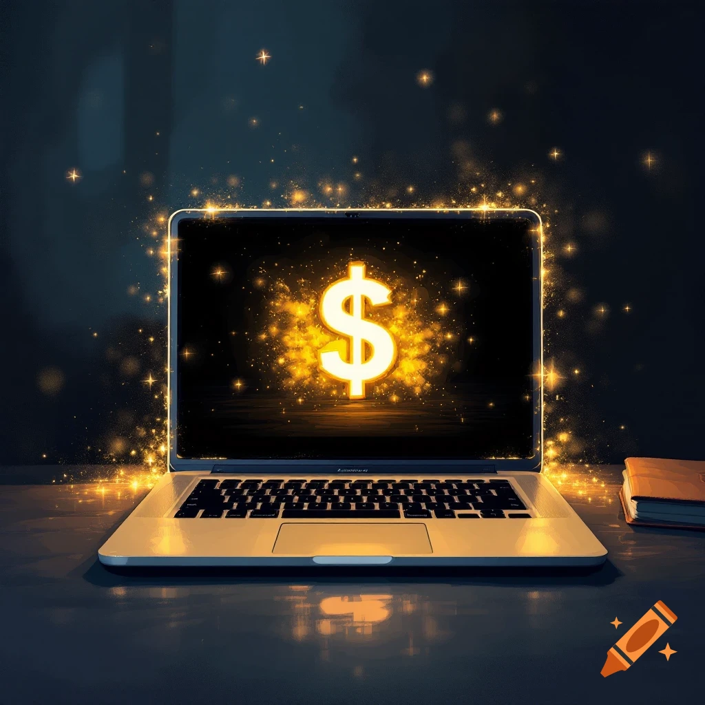 Laptop with a glowing dollar sign on the screen and sparkling light effects.