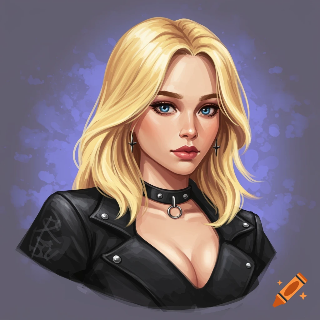 Portrait of a blonde woman wearing a leather jacket and choker.