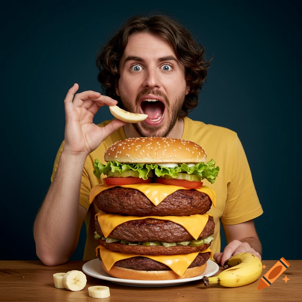 Man with wide eyes about to eat a giant triple cheeseburger with bananas.