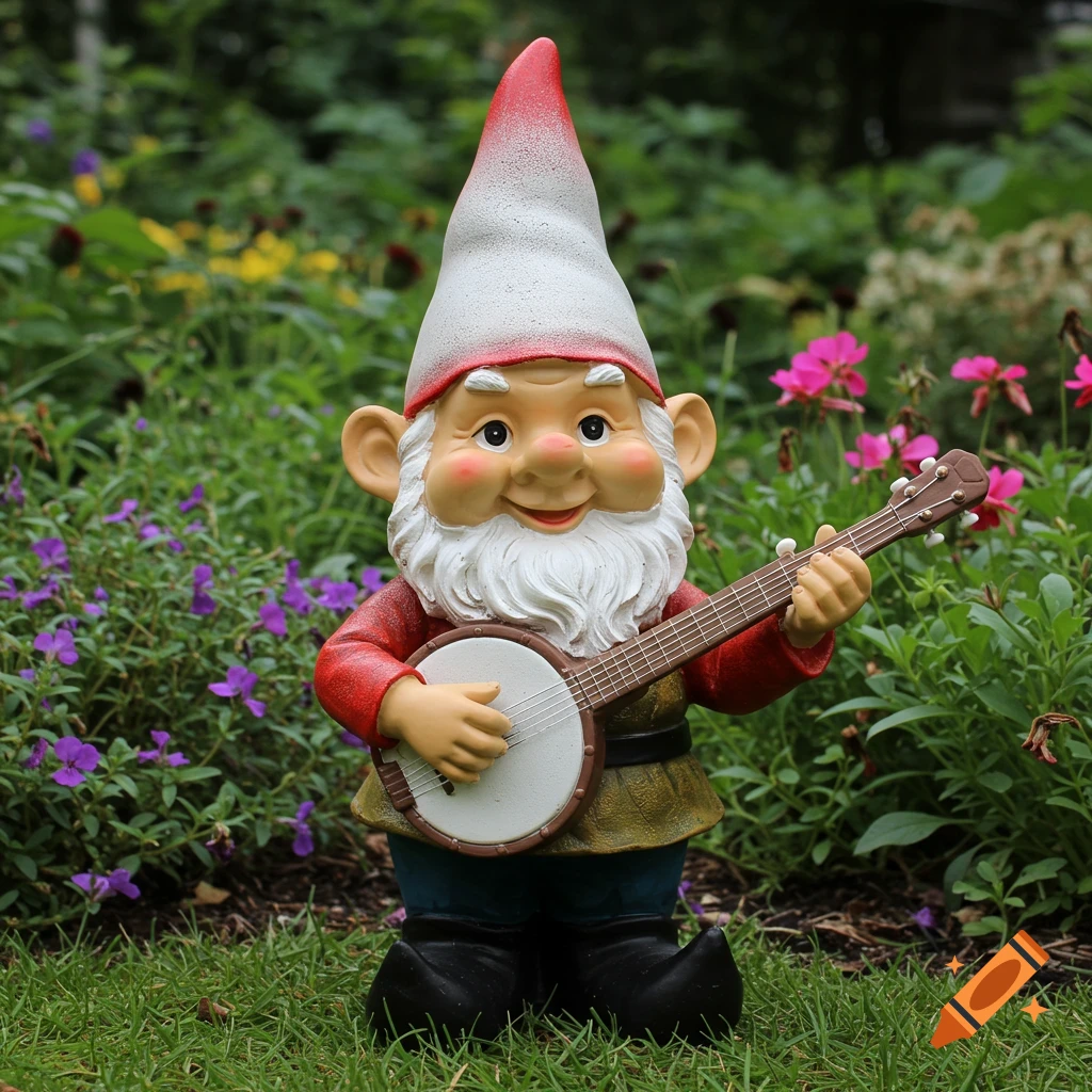 A garden gnome statue plays a banjo in a garden.