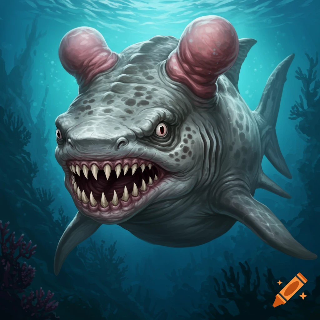 A monstrous shark-like creature with large head humps and sharp teeth swims underwater.