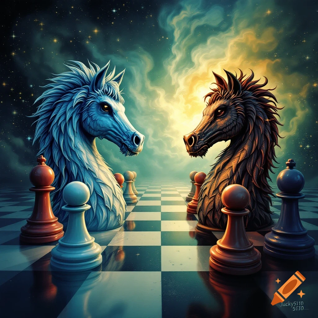 Two ornate chess knights with horse heads face each other on a chessboard under a fantasy sky.