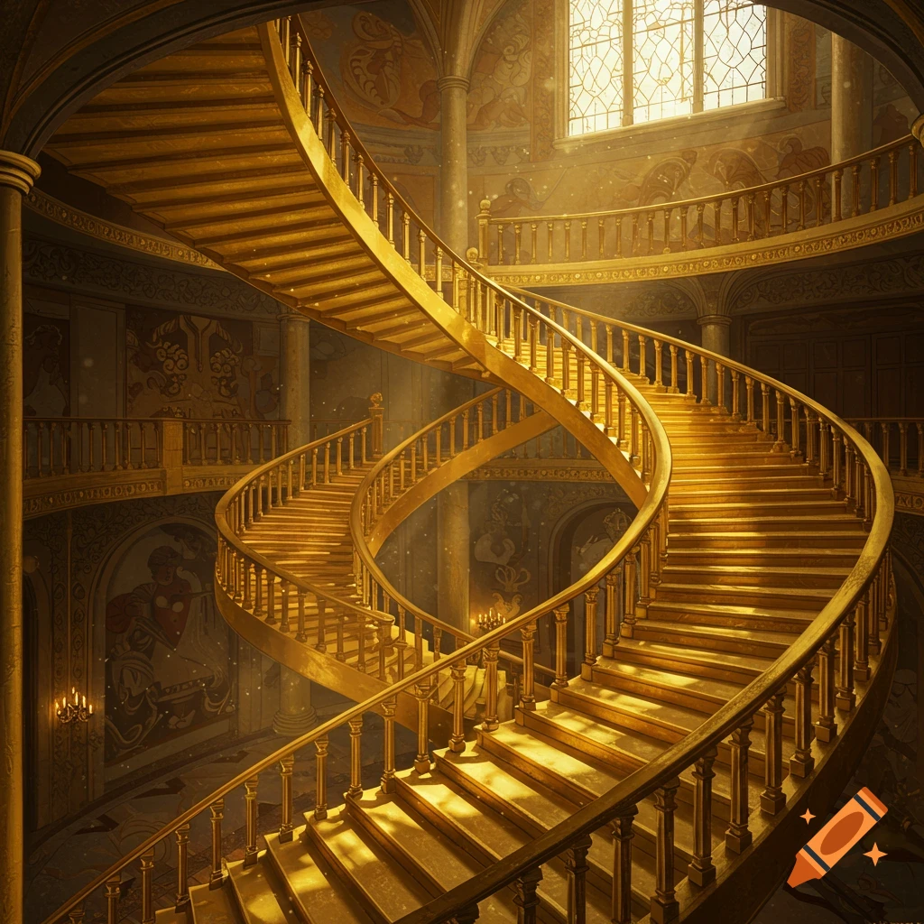 Golden spiral staircase in a baroque castle interior with sunlit window.