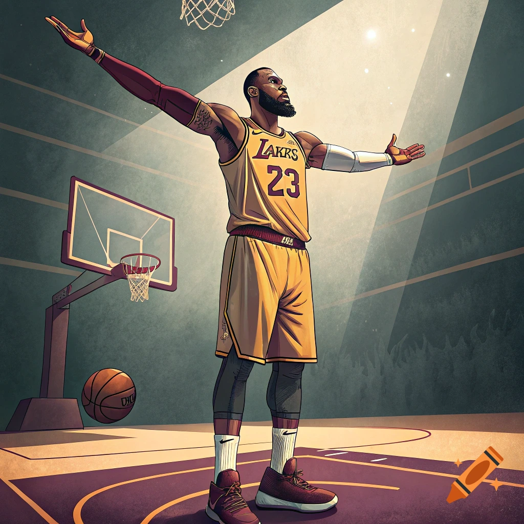 Illustration of LeBron James in a Lakers jersey with arms outstretched on a basketball court.