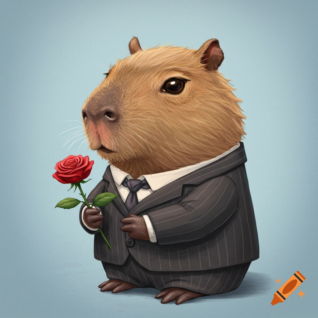 A cute capybara wearing a suit and holding a red rose.