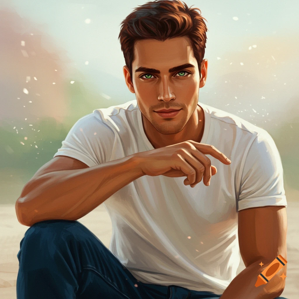 Portrait of a handsome man with green eyes wearing a white t-shirt, sitting outdoors, in a semi-realistic style.