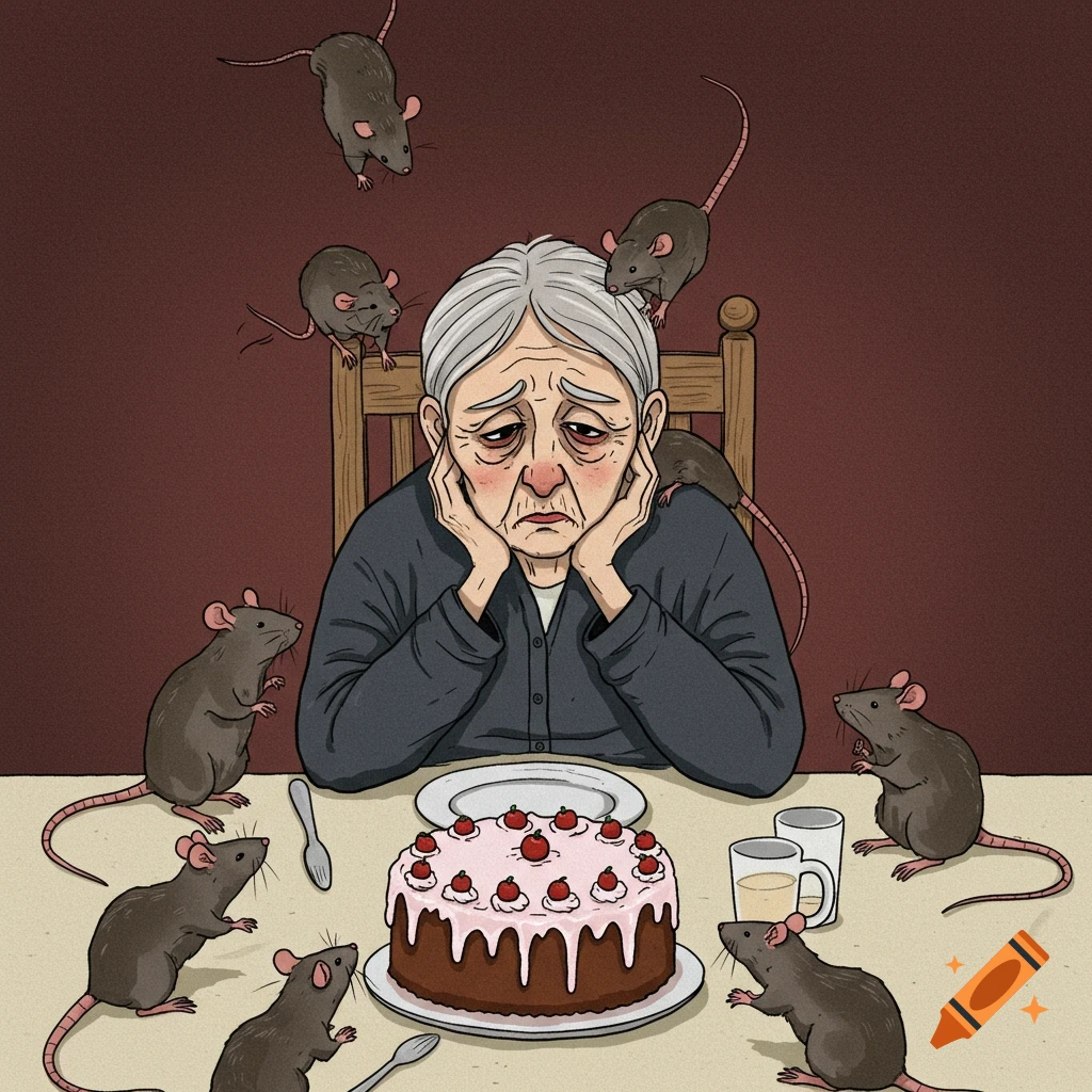 Illustration of a sad elderly woman at a table with cake and rats.