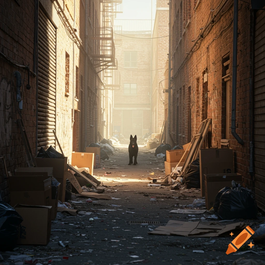 A black dog stands in the middle of a sunlit alleyway filled with trash and boxes.
