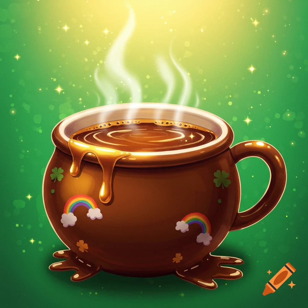 Stylized coffee cup shaped like a pot of gold with shamrocks, rainbows, and gold drips on a sparkling green background.