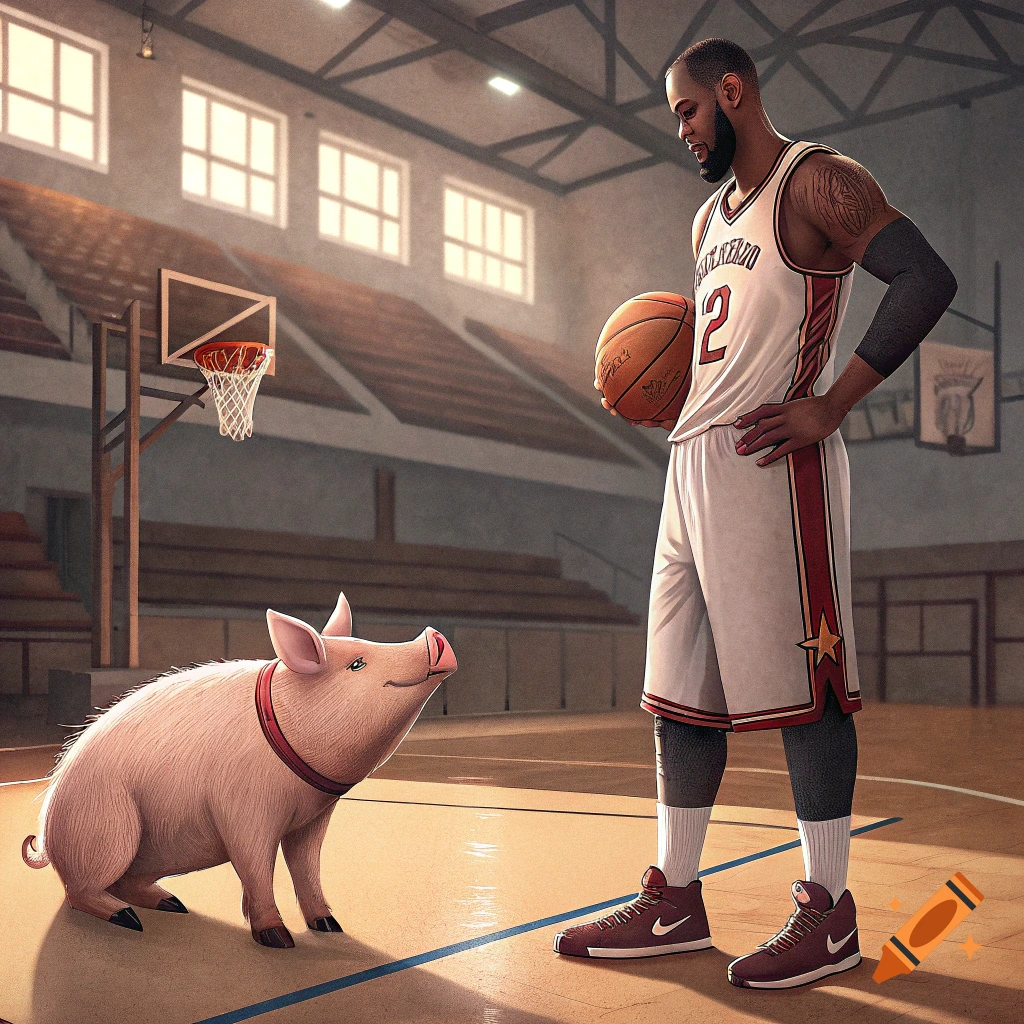 A basketball player stands on a court, looking down at a large pig.