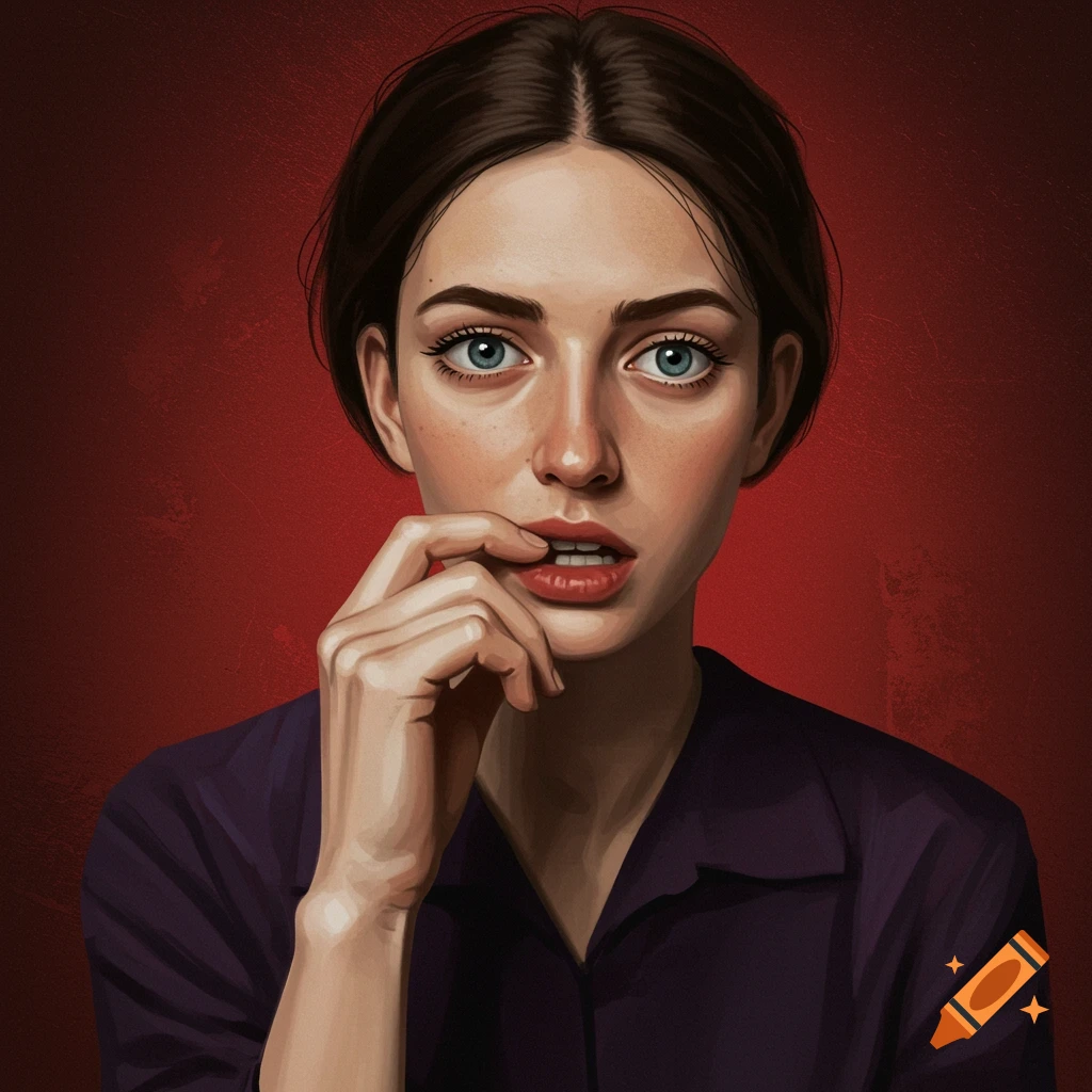 Painterly portrait of a woman with dark hair and blue eyes biting her nails against a red background.