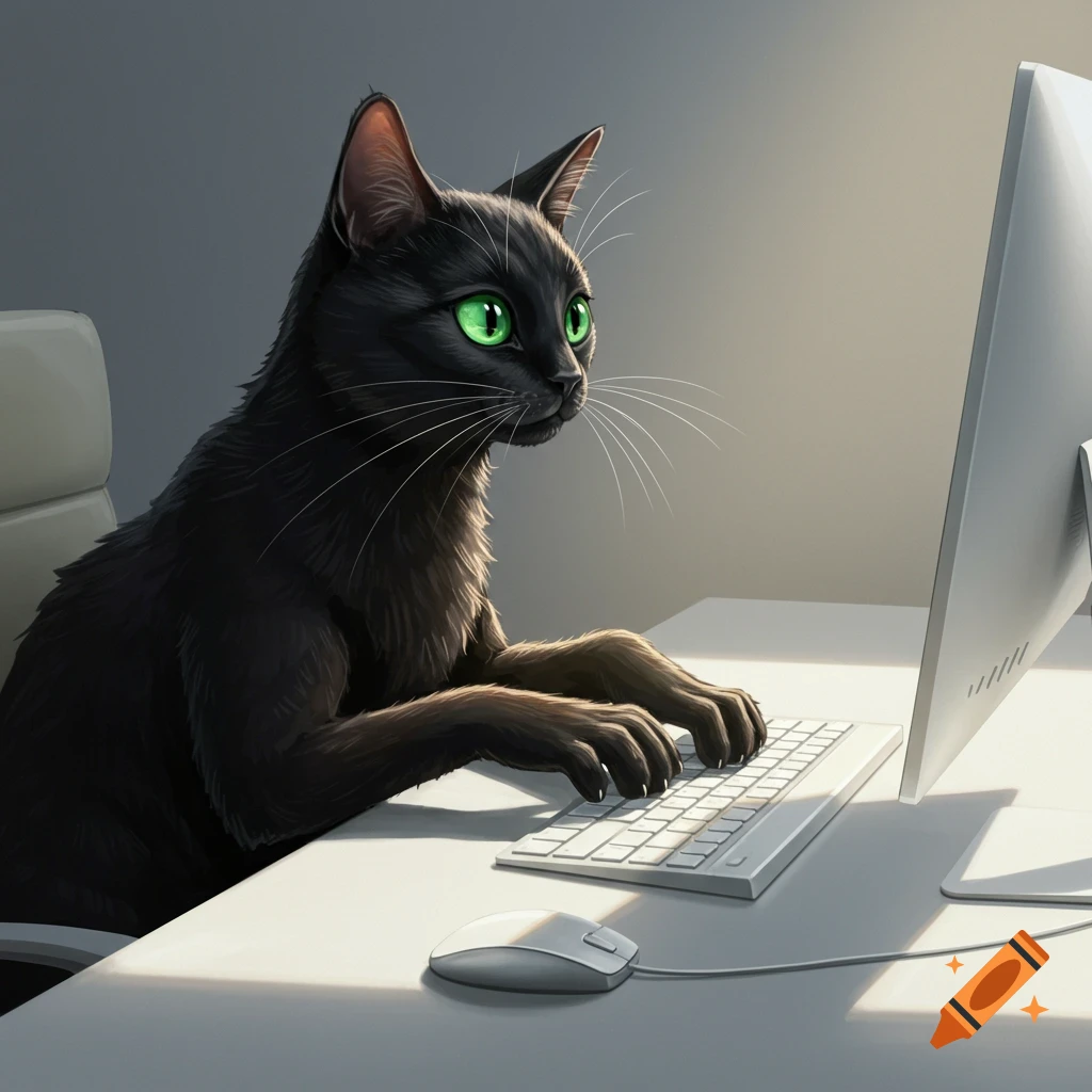 A black cat sits at a desk and types on a computer keyboard.