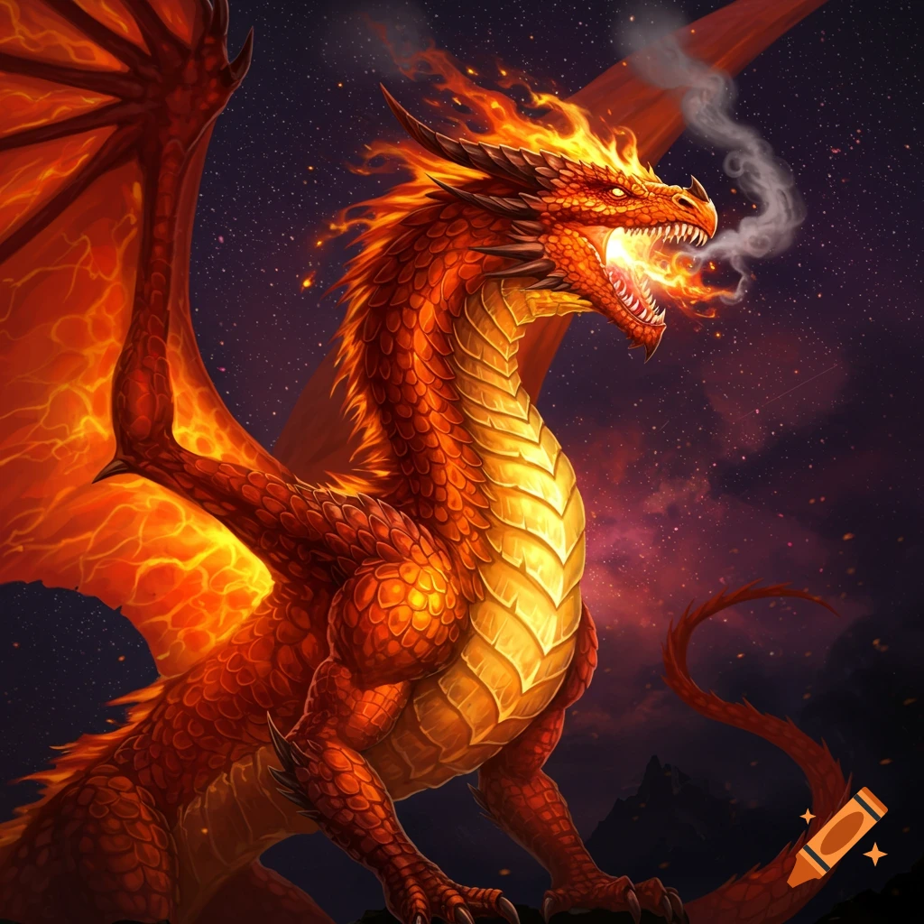 A red and orange fire dragon breathes smoke and fire against a starry night sky.