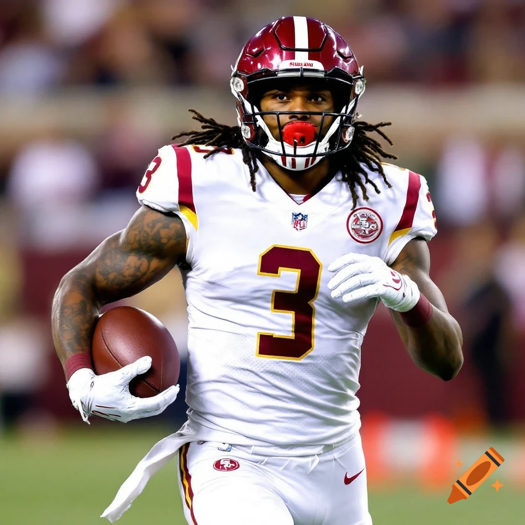 A football player in a white and red jersey holding a football and running.