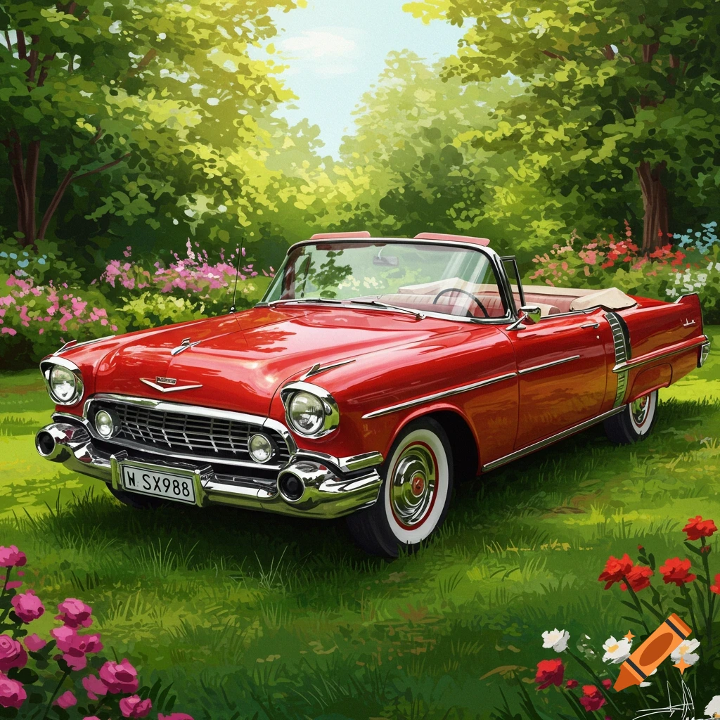 Red classic convertible car parked in a lush garden with trees and flowers