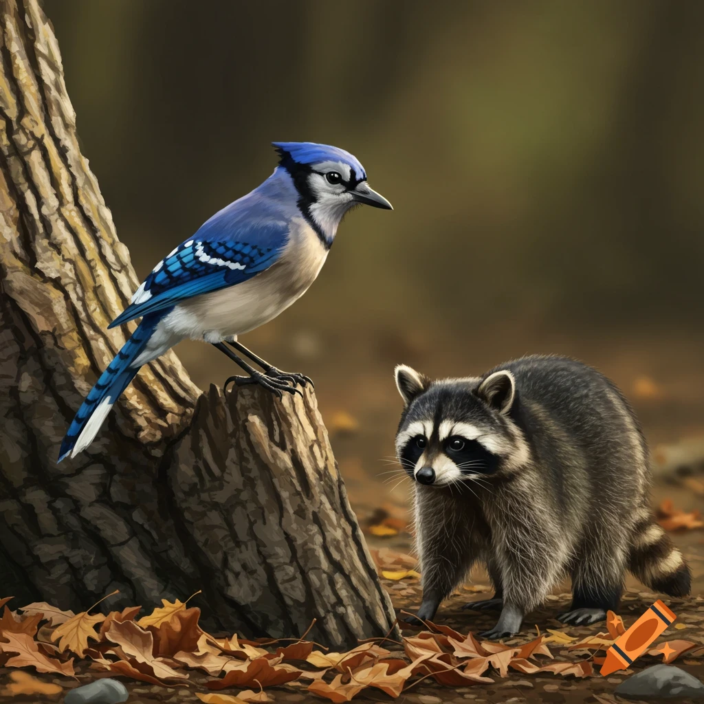 A blue jay perched on a tree stump next to a raccoon on the forest floor with fallen leaves.