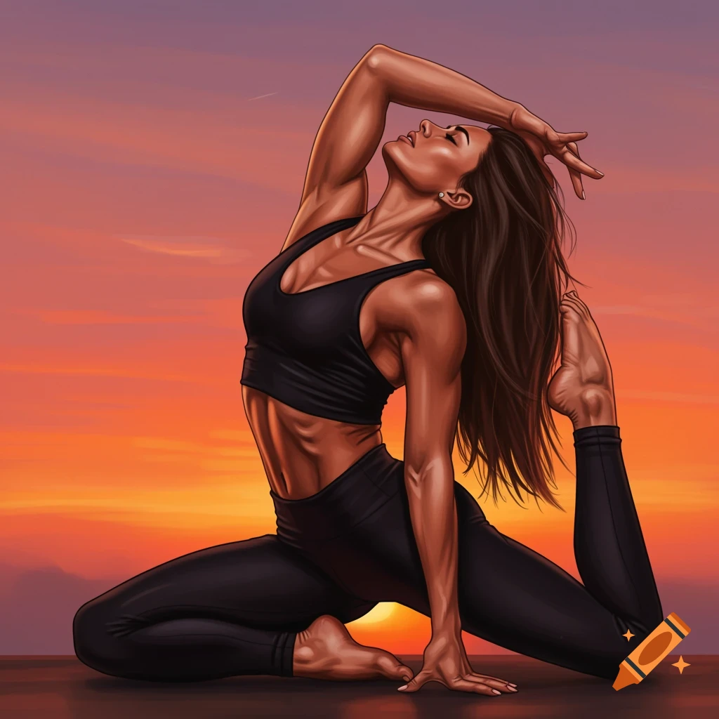 Illustration of a fit woman doing a yoga pose against a sunset background.