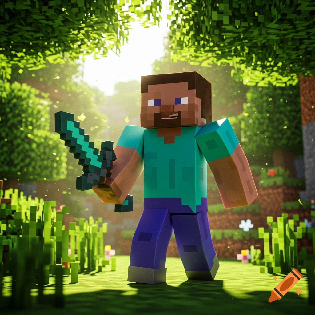 Minecraft Steve holding a sword in a sunny forest clearing
