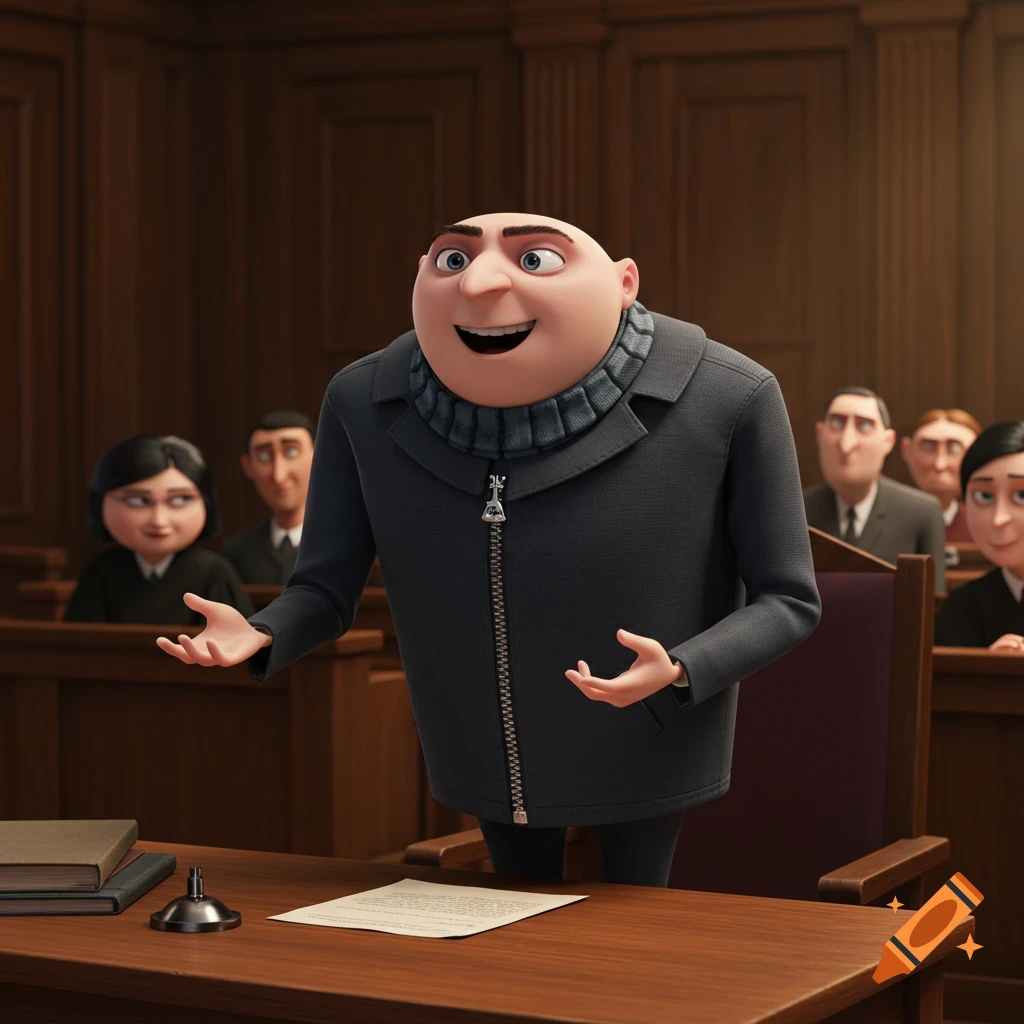Cartoon character Gru stands in a courtroom, gesturing while standing at a table.