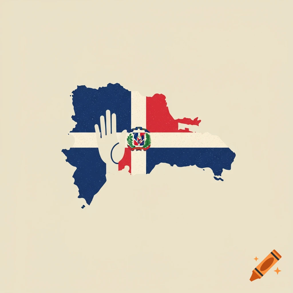 Map outline of the Dominican Republic filled with its flag and coat of arms, with a stylized hand over it.