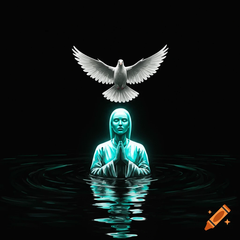 Figure in dark water praying with glowing outline, dove above, against black background.