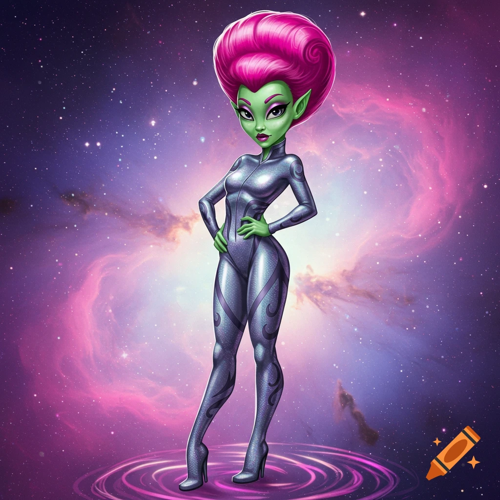Cartoon illustration of a green alien woman with pink hair in a silver suit standing in space.